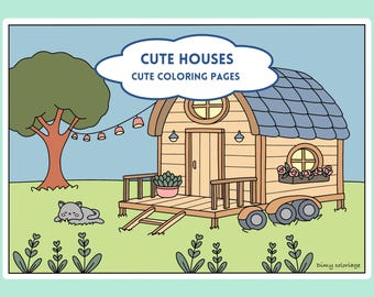 Könnte beinhalten: Cartoon-Illustration eines kleinen Hauses mit blauem Dach, Holzverkleidung und kleiner Veranda. Das Bild enthält den Text "CUTE HOUSES" und "CUTE COLORING PAGES" in einem wolkenförmigen Banner. Eine Katze liegt auf dem Gras in der Nähe des Hauses.