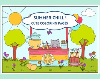 Kawaii-Sommer-Malvorlagen für Erwachsene zum Ausdrucken, niedliche Anti-Stress-Malvorlagen, digitale Malvorlagen zum Ausdrucken, PDF-Malvorlagen für den Sommer
