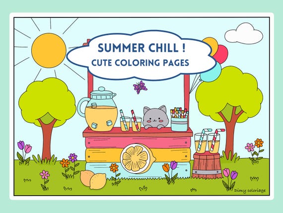 Coloriage été kawaii pour adulte à imprimer, coloriage mignon anti stress, coloriage numérique à imprimer, PDF coloriage pour l’été