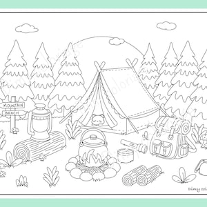 May include: A black and white line drawing of a campsite in the woods. The scene includes a tent, a campfire, a lantern, a backpack, a sign that says "Mountain Beach", and a variety of trees and plants.