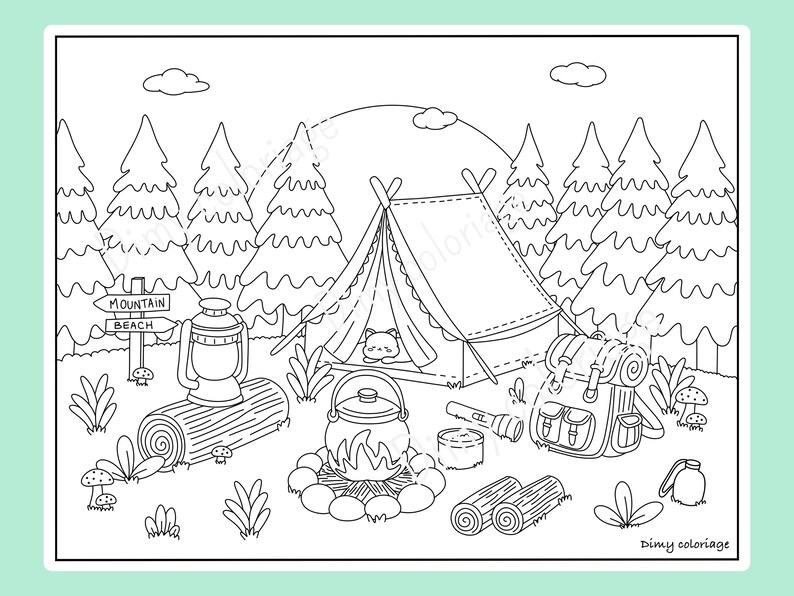 May include: A black and white line drawing of a campsite in the woods. The scene includes a tent, a campfire, a lantern, a backpack, a sign that says "Mountain Beach", and a variety of trees and plants.