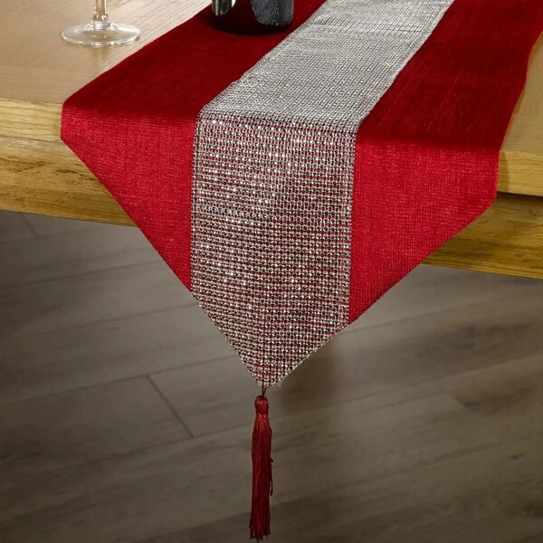 Red Velvet Fancy Table Runner with rhinestones and tassel / Christmas Table Decoration / Birthday Anniversary Party Decor / Glitter Sparkly