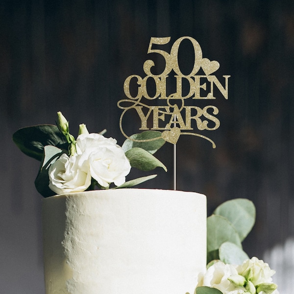 50 golden years cake topper / Wooden or Glitter cardstock / Wedding anniversary party decor / Gold 50th anniversary