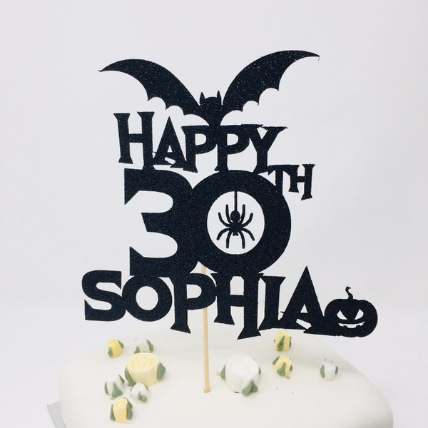 Personalised Name and Age Halloween Birthday Cake Topper. 20th, 30th, 40th, 50th, 60th, 70th, 80th etc. Happy halloween theme birthday party