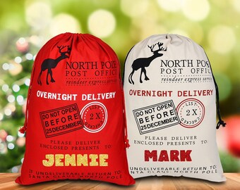 Personalised Christmas Sack. 50 x 70 cm big natural or red colour sack. Santa sack. Special North Pole delivery.