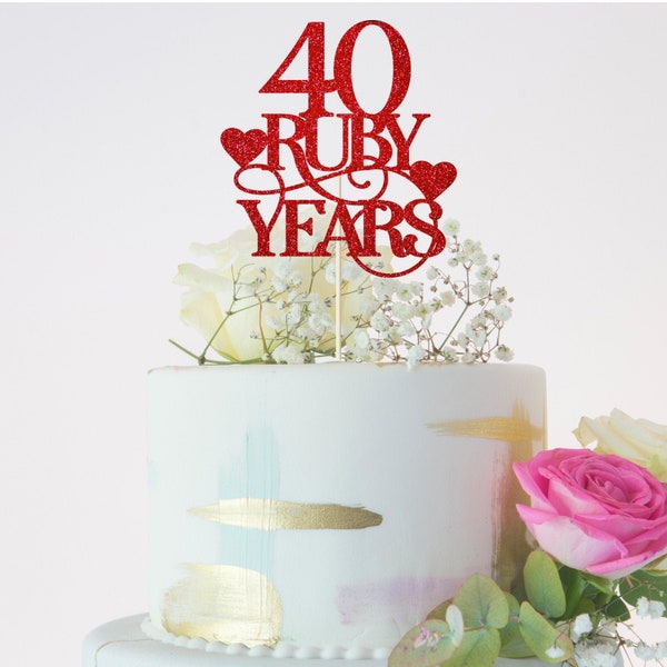 40 Ruby years cake topper / Wedding anniversary red glitter party decor / 40th Ruby years  anniversary