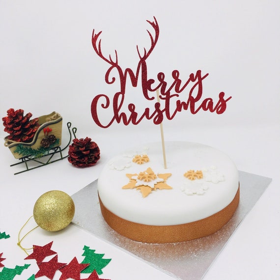Merry Christmas Cake Topper With Reindeer Antler. Christmas | Etsy