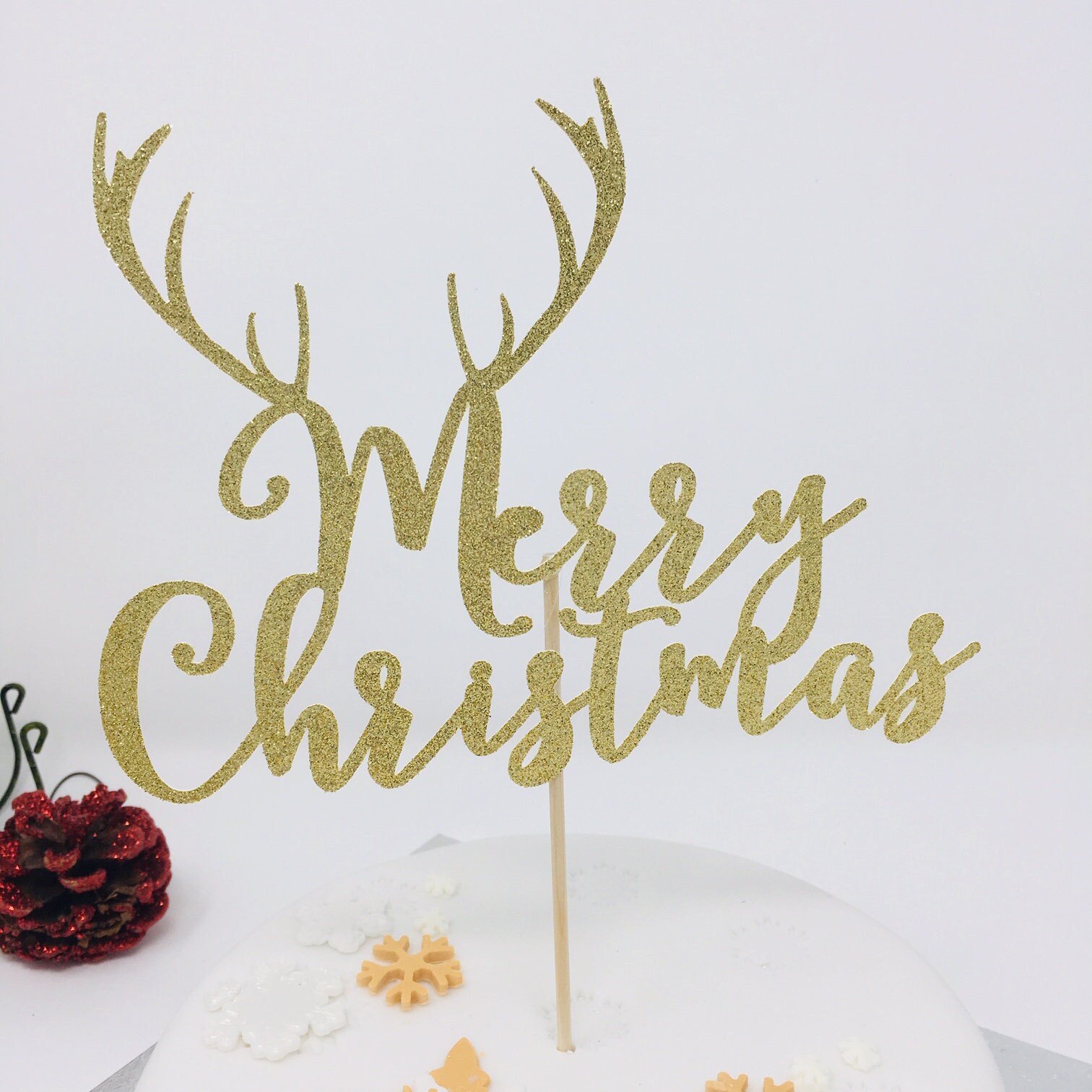 Merry Christmas Cake Topper With Reindeer Antler. Christmas - Etsy UK