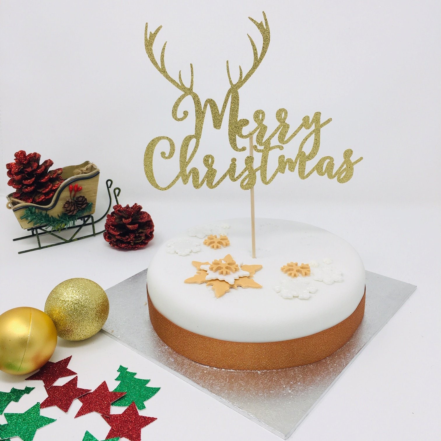 Merry Christmas Cake Topper With Reindeer Antler. Christmas - Etsy UK