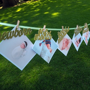 Newborn to twelve monthly photo banner. First Birthday Garland. Pink and Gold 1st Birthday. 12 Month Photo Wall Banner.