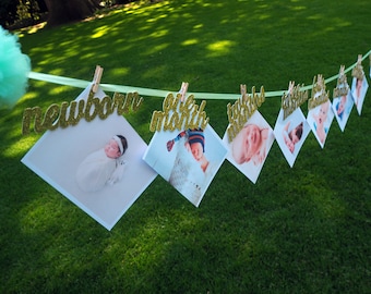 Newborn to twelve monthly photo banner. First Birthday Garland. Pink and Gold 1st Birthday. 12 Month Photo Wall Banner.