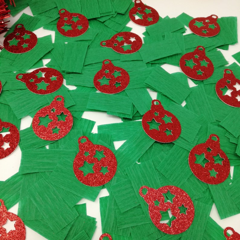 Christmas ornament confetti with green crepe paper. Christmas decoration. Christmas table decorations. Holiday Season Confetti