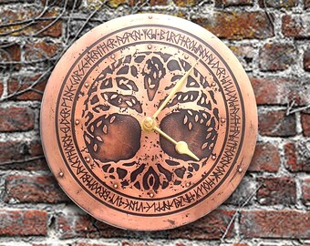 Outdoor Patio Copper 30cm/12" Wall Clock with Tree of Life and Celtic Runes