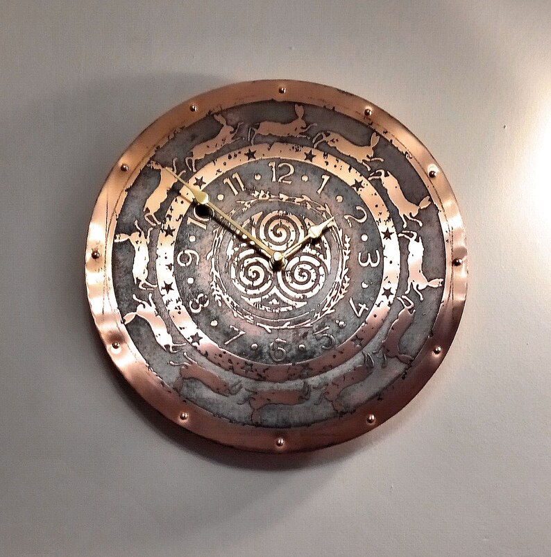 Large Copper Wall Clock With Hares and Triskele12 Etsy UK