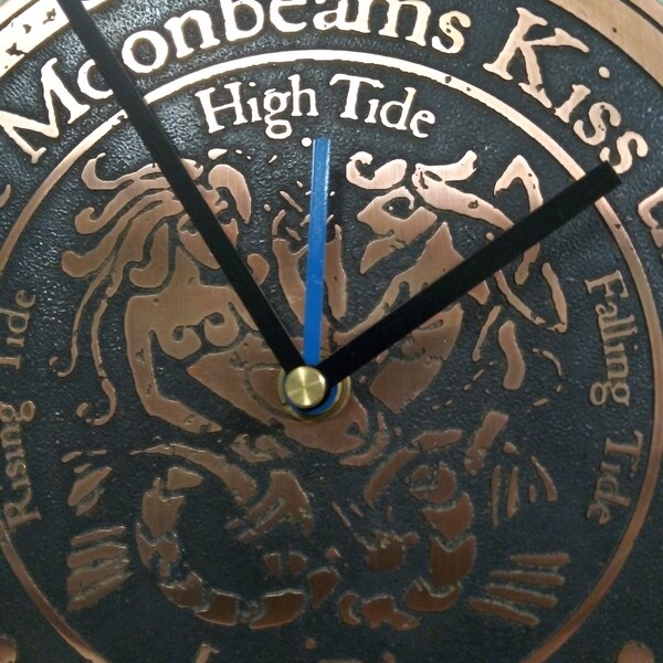 Tide and Time Clock, with mermaids, acid-etched from solid copper. Really handmade by a real craftsman. Pendulum Option - bAbout 12"