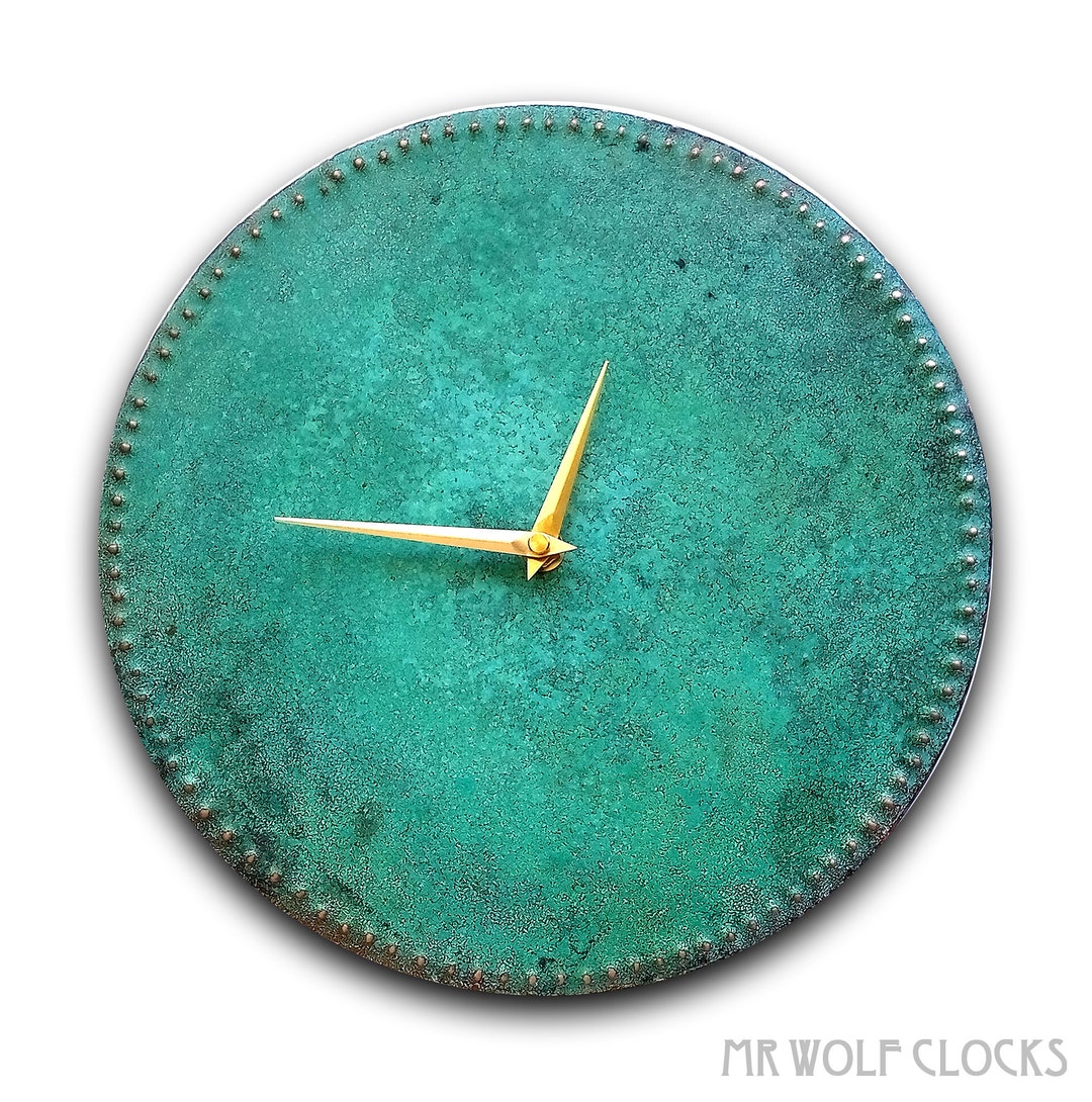 Copper Wall Clock Bluegreen Patina 12/300mm Really Handmade by UK