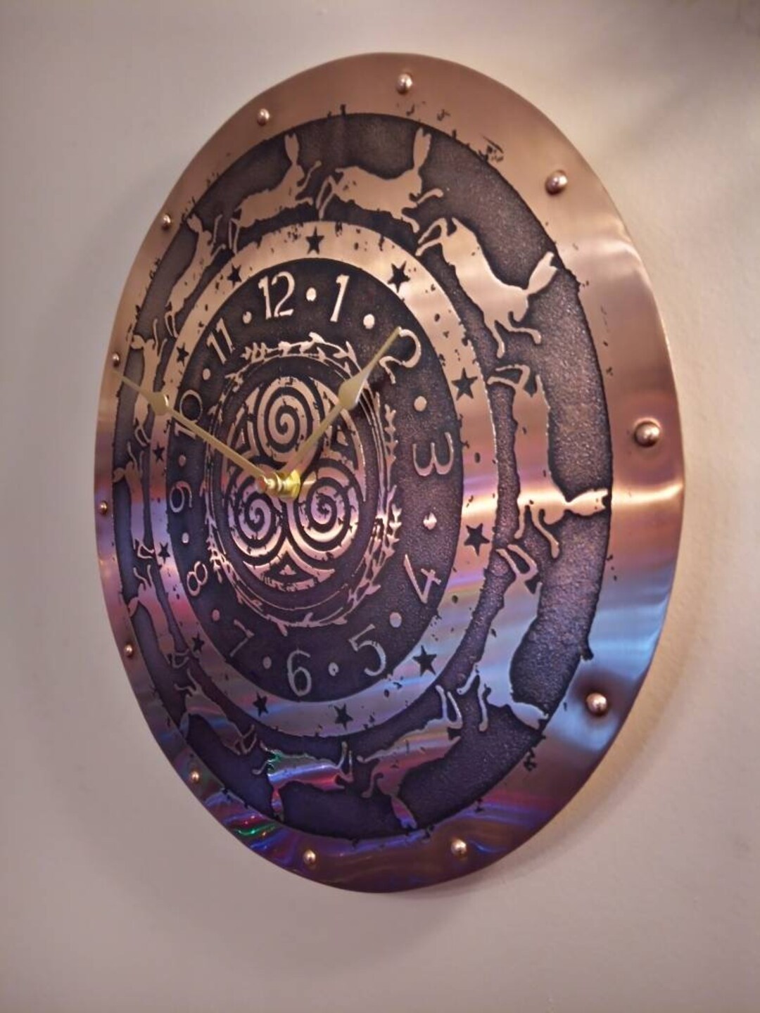 Large Copper Wall Clock With Hares and Triskele12 Celtic Pagan Eostre