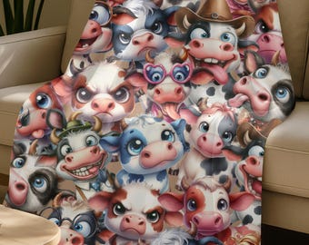 Funny Cow Faces Velveteen Plush Blanket | Cute Cow Print Throw
