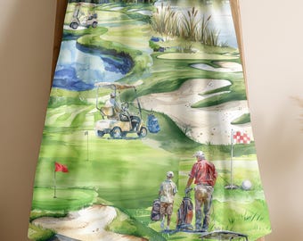 Golf Course Scenes in Watercolor on a Velveteen Plush Blanket