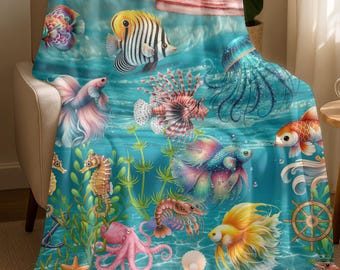 Ocean Fish Seaweed Fishing Boat Velveteen Plush Blanket