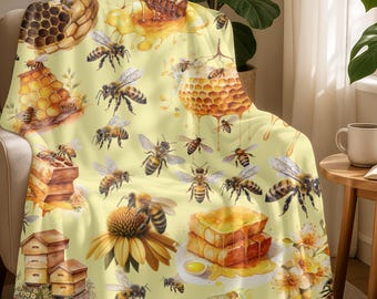 Bee Keeper Honey Lover Velveteen Plush Blanket | Honeybee Pattern, Cozy Throw