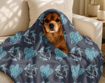 Tribal Turtle and Shark design on a dark blue background, Ocean Animal Throw, Bedding, Lap Cover, Underwater Sea Creature Soft