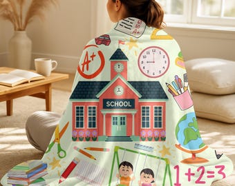 Personalized teacher blanket | School Classroom Icons Velveteen Plush Blanket | Back to School Kids Pattern