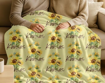Sunflower Kansas Pattern Velveteen Plush Blanket | Yellow Floral State Design