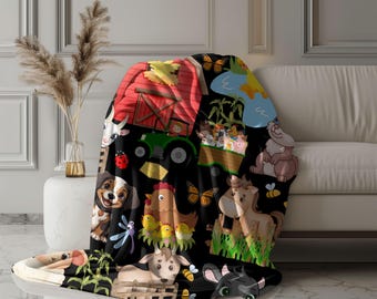 Farm Animals Blanket Cozy Throw Featuring Cute Farm Creatures, Perfect for Rustic Home Decor, Kids Rooms, or Animal Lover Gift boy version