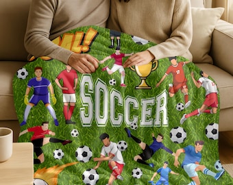 Soccer Players Pattern Velveteen Plush Blanket | Goal Trophy Ball Field Design