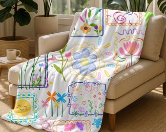 Colorful Doodle Floral Patchwork Velveteen Plush Blanket | Spring Flowers, Cute Garden Motifs