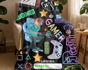 Gamer Blanket for Video Game Lovers, Velveteen Plush Blanket,   Large Blanket with Console Controller Design