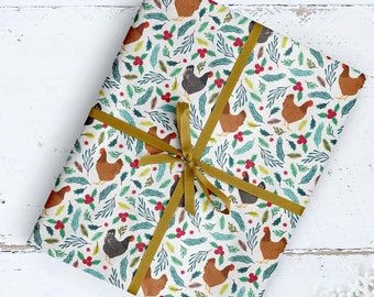 SPECIALTY Floral Christmas Chickens Wrapping Paper, Chicken Lover Wrapping Paper, Farm Wrapping Paper, Farm House Wrapping Paper, Holiday