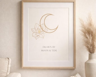 Impresión minimalista de luna y loto / Arte mural costero (descarga digital)