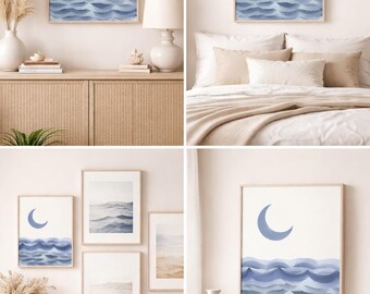 Lámina decorativa imprimible con diseño de luna y olas costeras