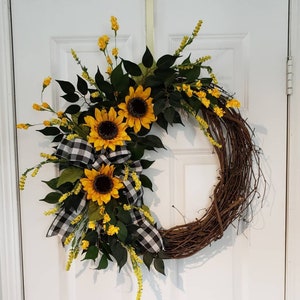 couronne de tournesol, couronnes de porte d'automne, couronnes pour porte d'entrée, couronne toute l'année, couronne de printemps, tournesols d'automne, décoration de printemps, couronne d'été