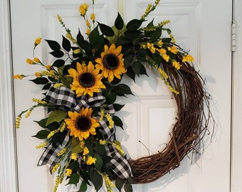 sunflower wreath,front door wreaths,wreaths for front door,year around wreath,Fall wreath,Autumn decor, Autumn wreath, Fall sunflowers