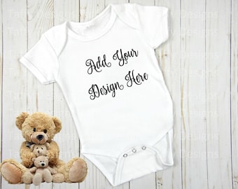 Download Free Mockup Image; White Blank Toddler Onezee With Bears Flat Lay Style Design With Wood Backround Toddler Mockup, Apparel Mockup, JPEG PSD Template