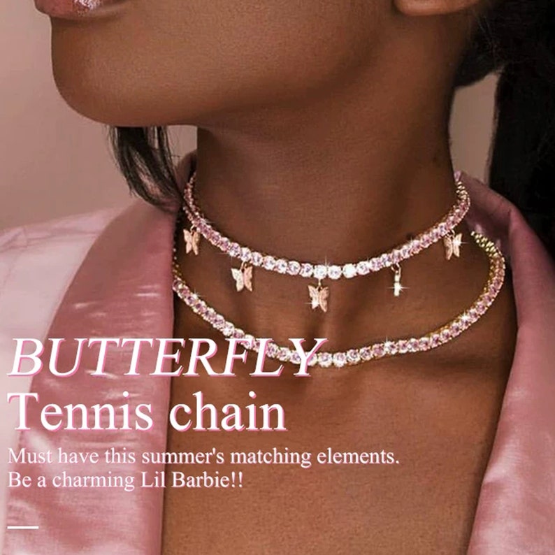 Pink Cz Stones Tennis Butterfly Choker Butterfly Necklace Etsy