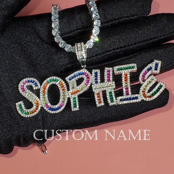 CUSTOM Name Necklace Pendant with MultiColors Icy Baguette Etsy