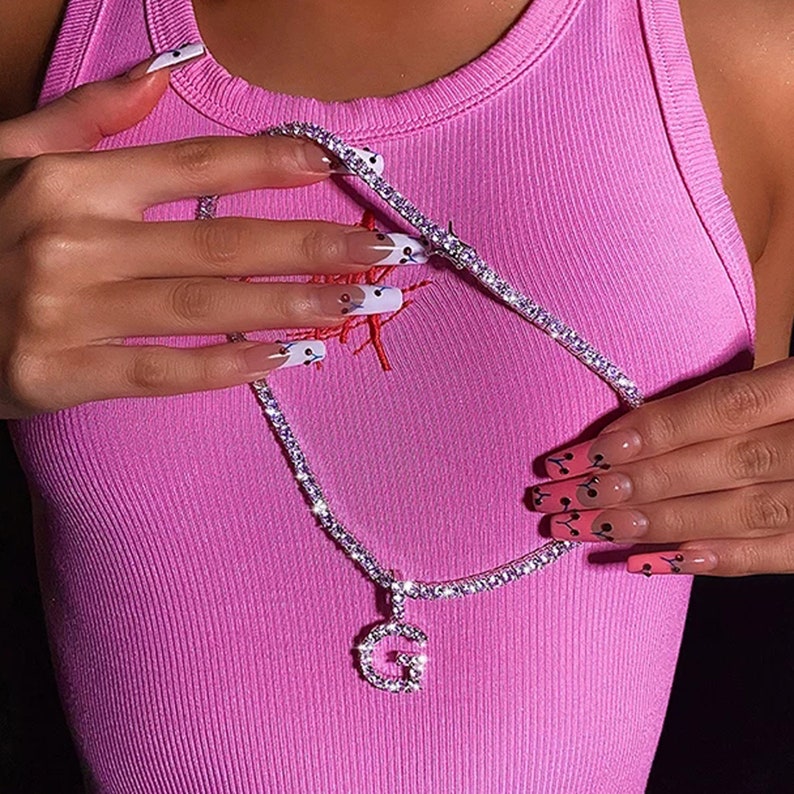Tennis Chain with Initial Necklace Pendant Iced Out Choker Micro Pave Cubic Zircon Letters Jewelry for Women Birthday Day Gift for Her