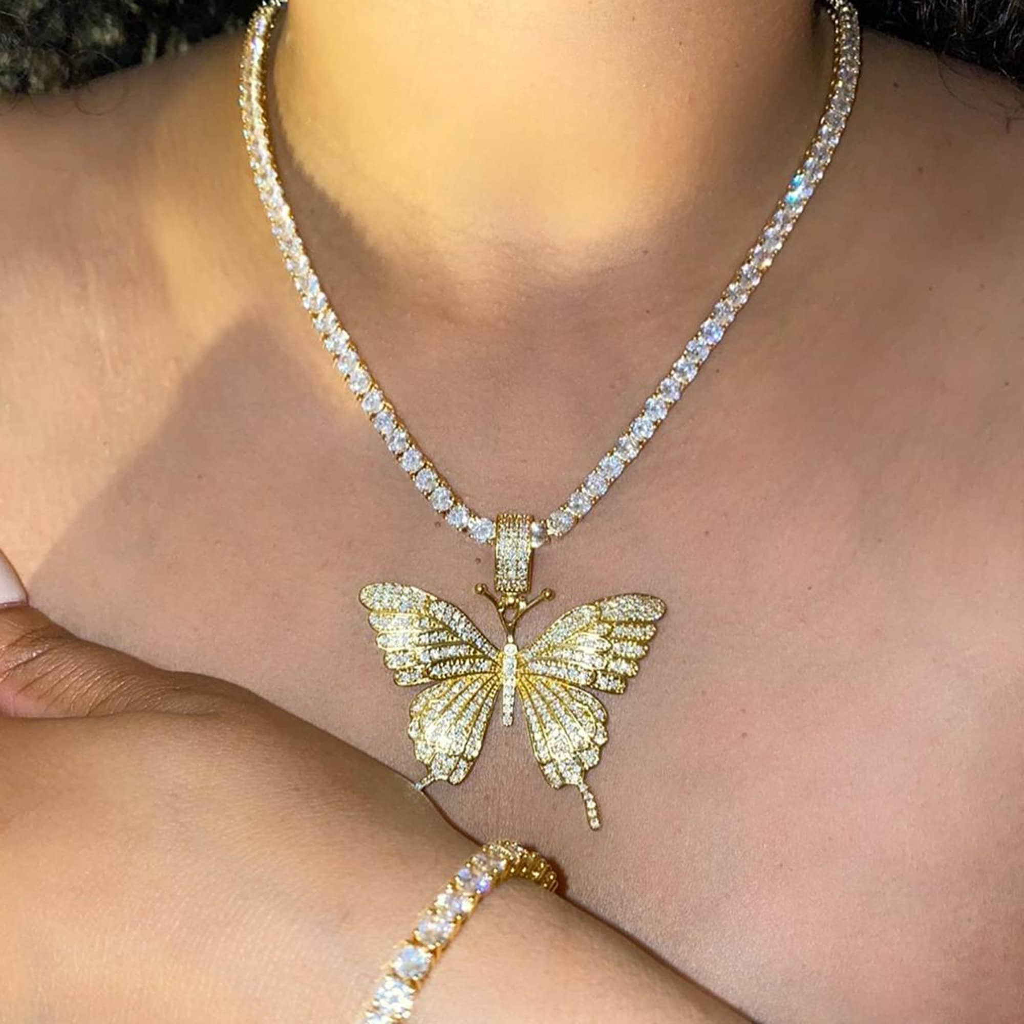Butterfly Pendant Necklace Tennis Chain With Icy Butterfly