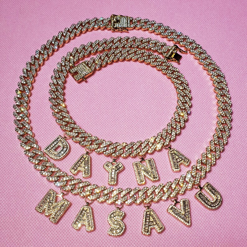 Iced Out Baguette Letters Necklace Personalized Name Jewelry Etsy