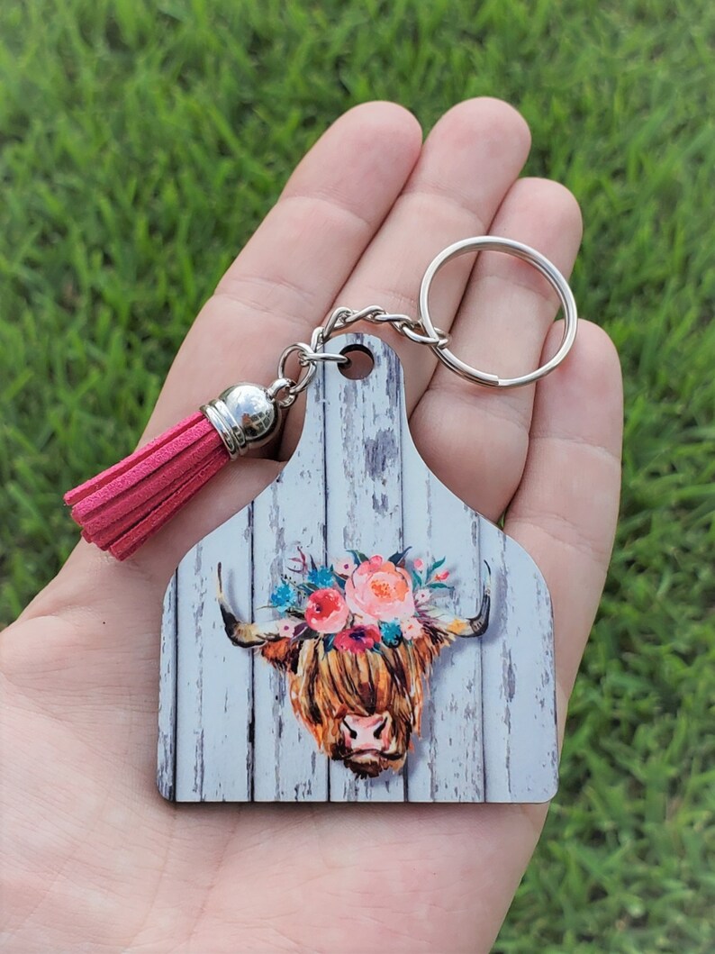 Cattle Livestock Keychain Cow Ear Tag Tassel Floral Cow Etsy