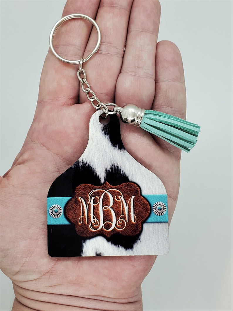 Personalized Cow Ear Tag Keychain, Monogram, Cattle livestock, Cow Hide, Conchos, Western Style, Faux Branded Leather, Stocking Stuffer 