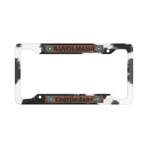 Personalized License Plate Frame, Ranch Mama Cow Print, Ivory Concho, Printed Faux Leather Patch