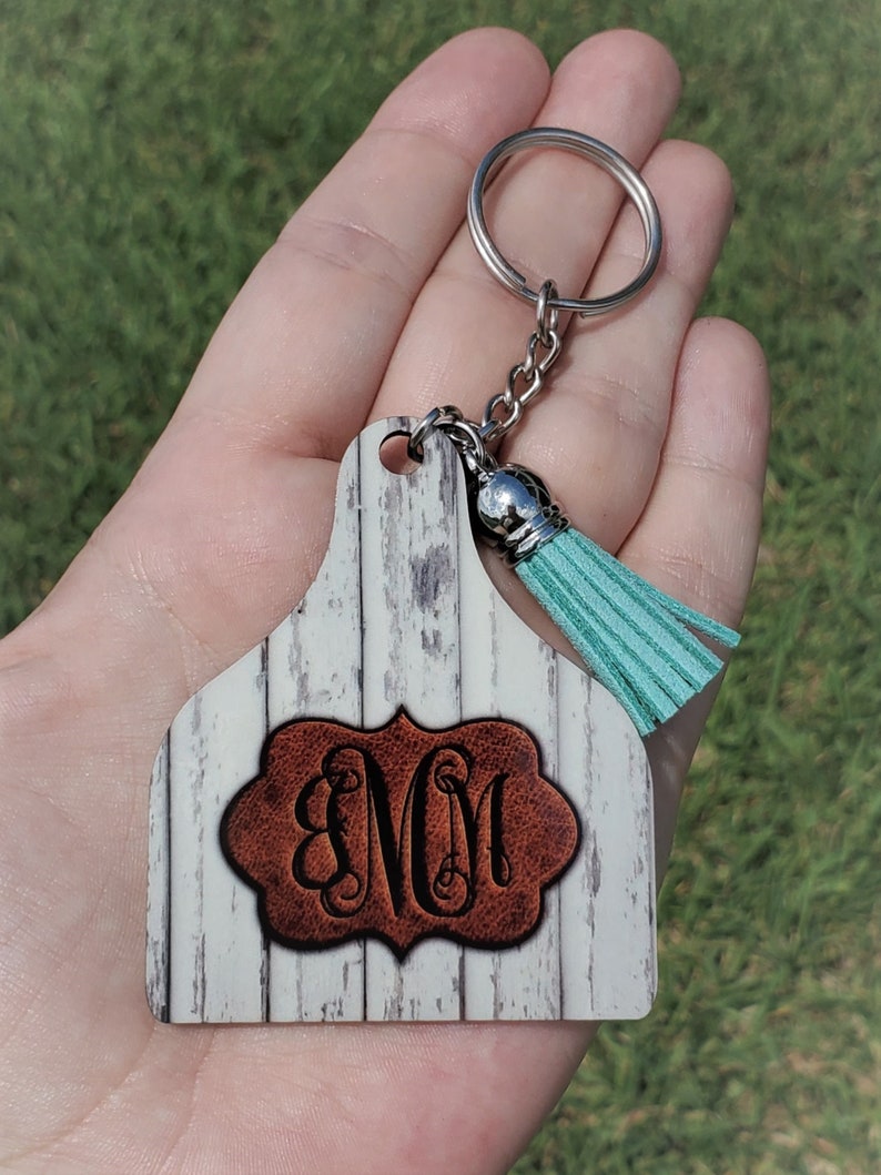 Personalized Cow Ear Tag Keychain Branded Leather Monogram Etsy