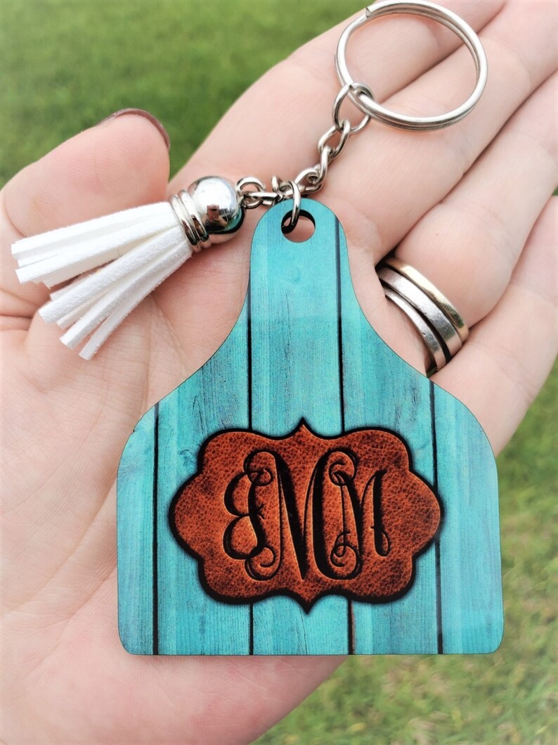Personalized Cow Ear Tag Keychain Branded Leather Monogram Etsy