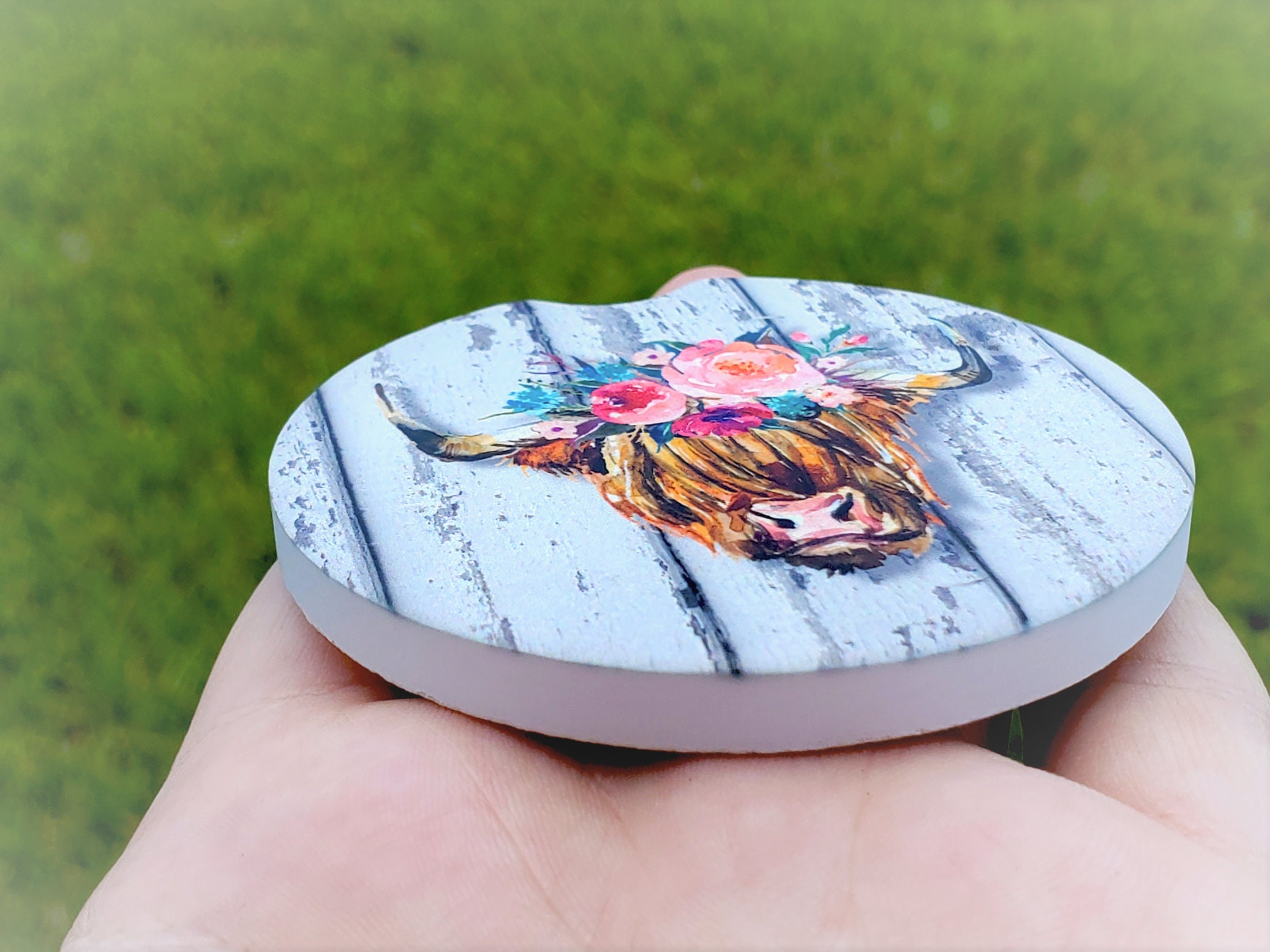 Car Coasters Set of 2 Sandstone Coasters Floral Cow Etsy