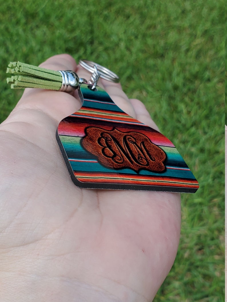Personalized Cow Ear Tag Keychain Branded Leather Monogram Etsy